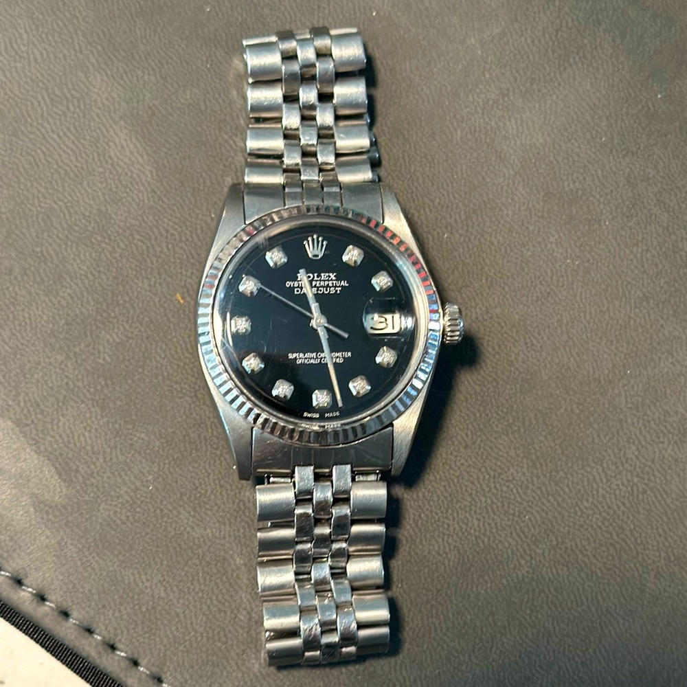 ROLEX MENS 36 mm DATEJUST WATCH STEEL BLACK DIAMOND DIAL FLUTED BEZEL